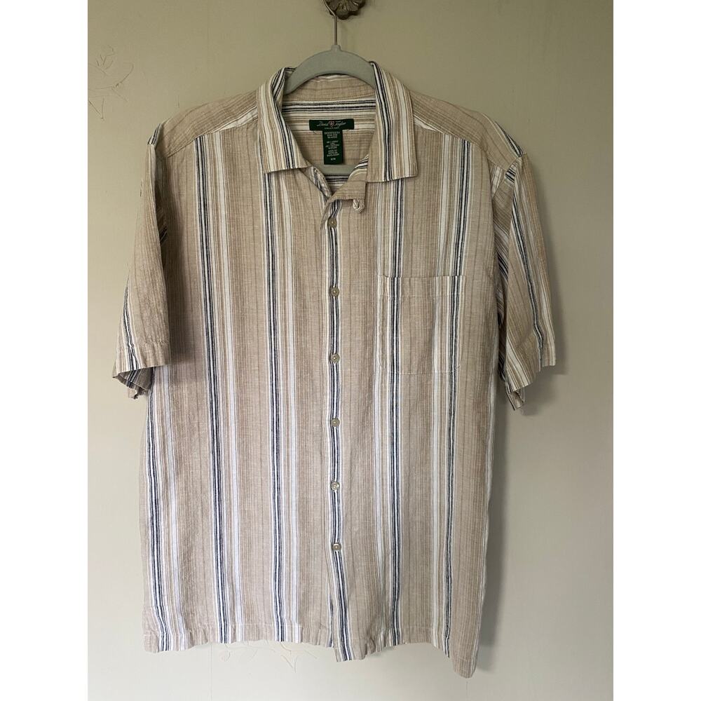 David Taylor Collection Stripe Linen Cotton Camp Shirt Casual Summer Medium